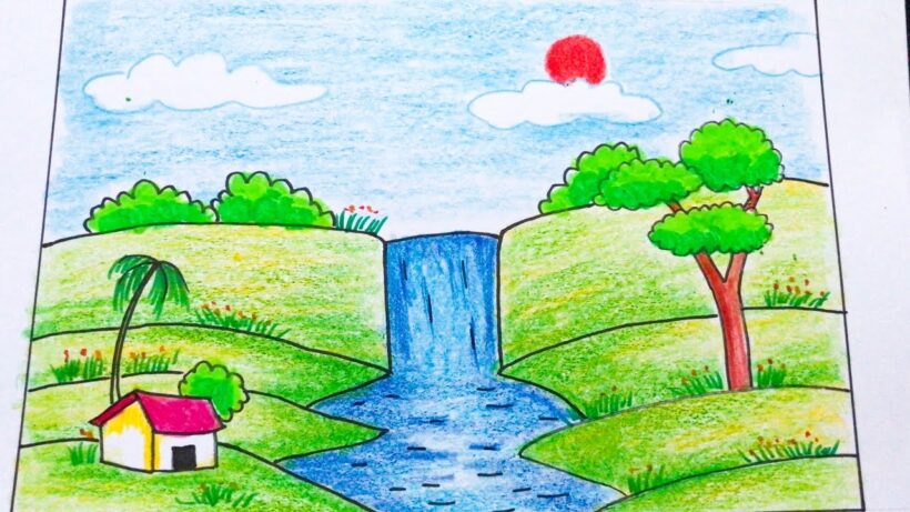 Vẽ tranh thác nước đơn giản đẹp