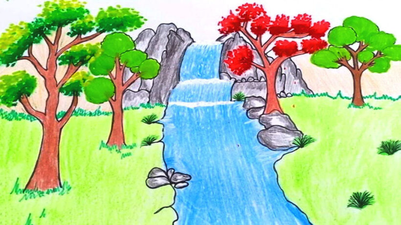 Vẽ tranh thác nước chảy bằng sáp màu đẹp