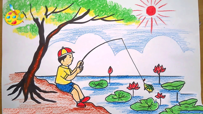 Vẽ tranh phong cảnh mùa hè câu cá