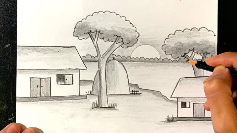 Vẽ tranh bằng bút chì về làng quê