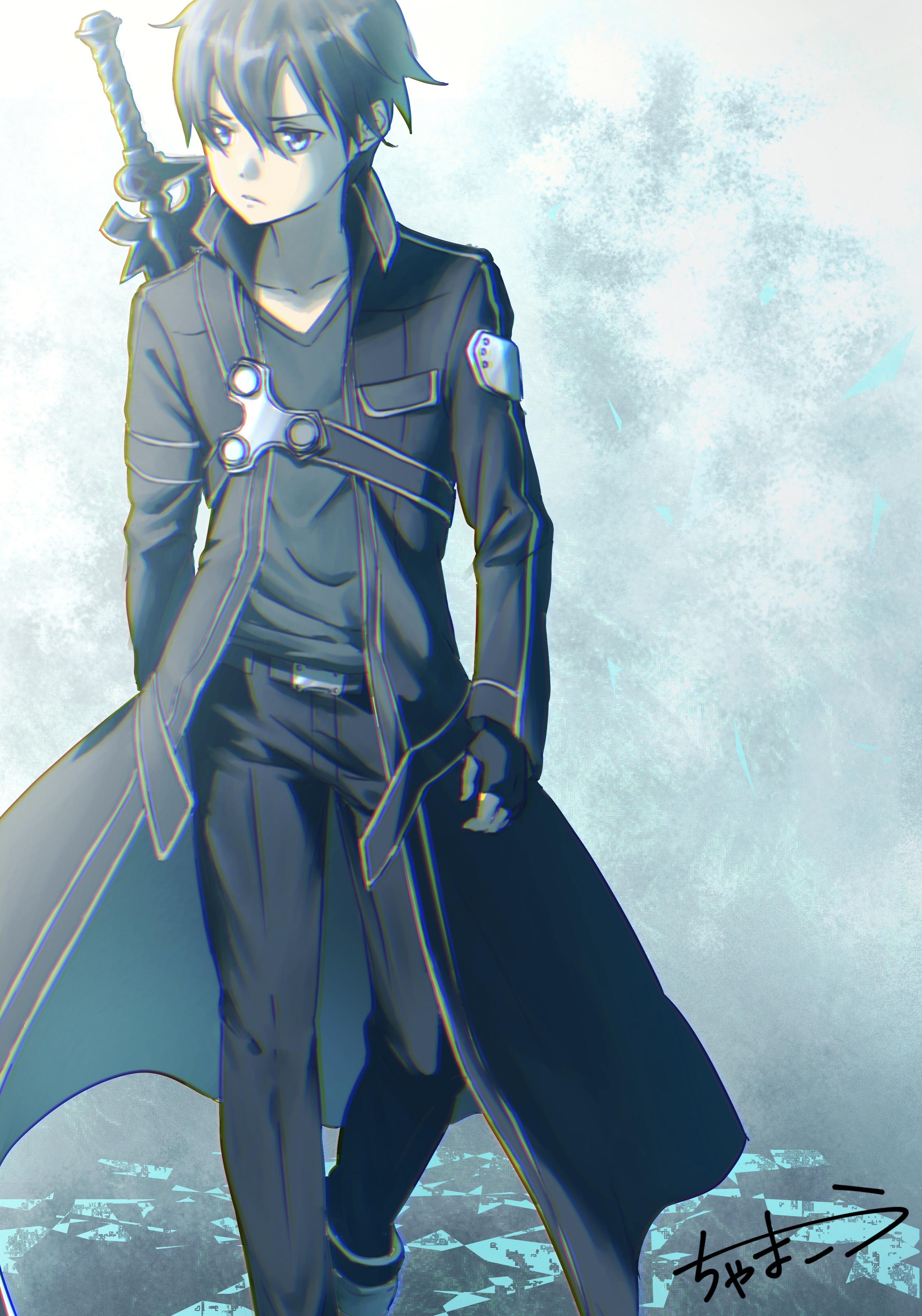 Hình Kirito áo choàng dài đeo kiếm sau lưng trông rất lãng tử