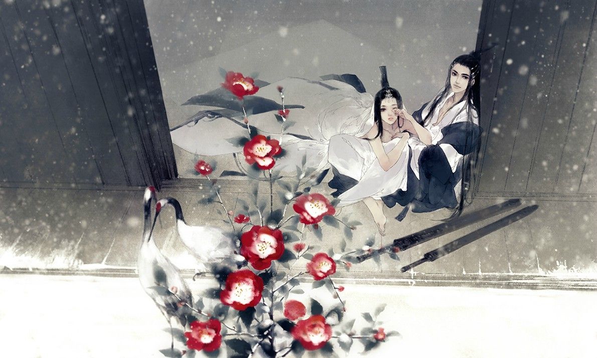 Hình ảnh anime cổ trang cùng ngắm tuyết rơi và hồng hạc
