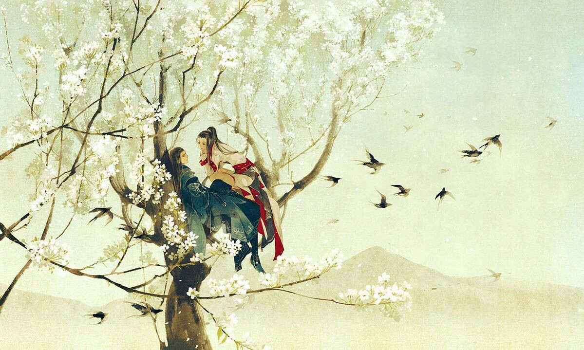 Hình ảnh anime cổ trang ngồi trên cây ngắm chim bay