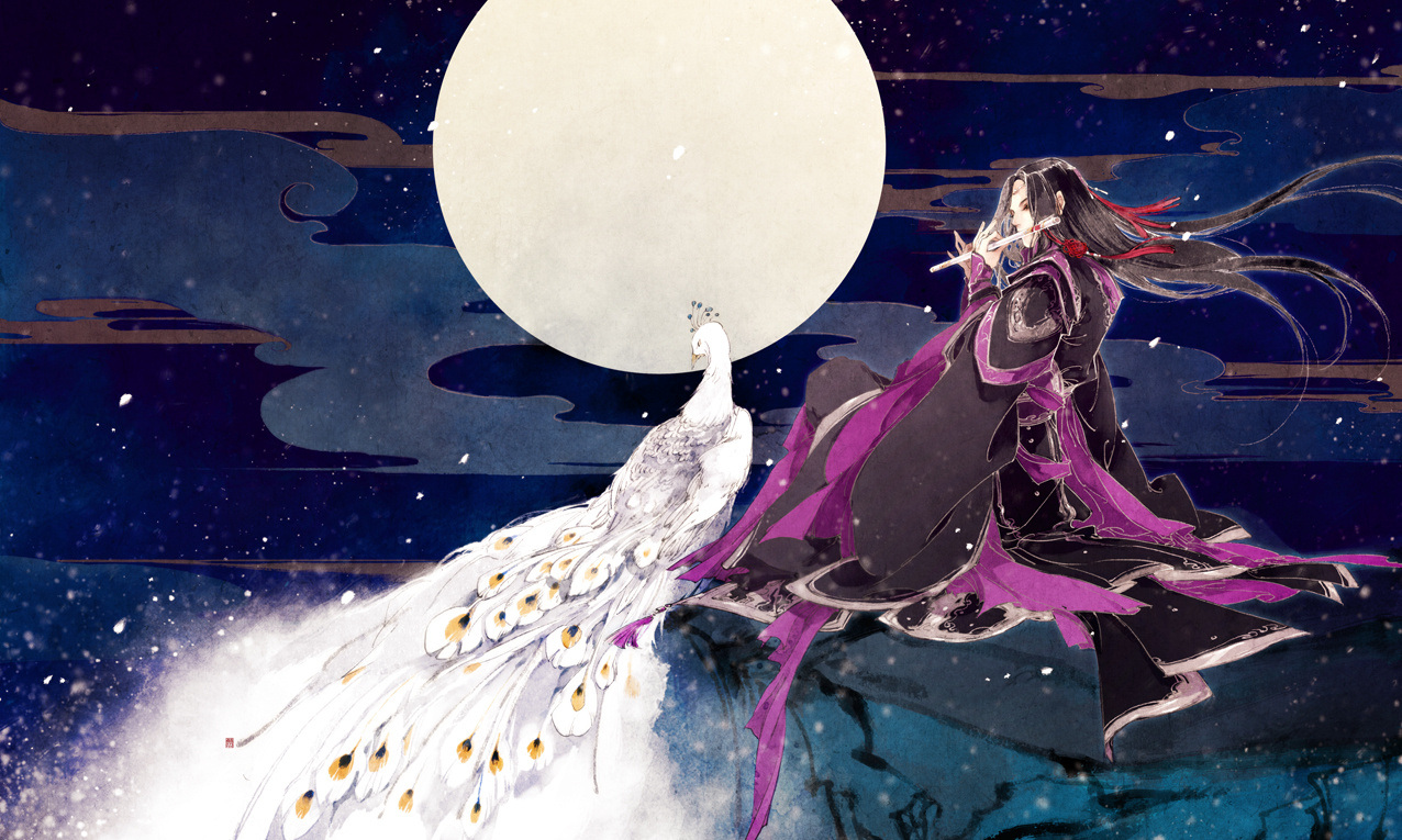 Hình ảnh anime cổ trang tử y thổi áo dưới đêm trăng
