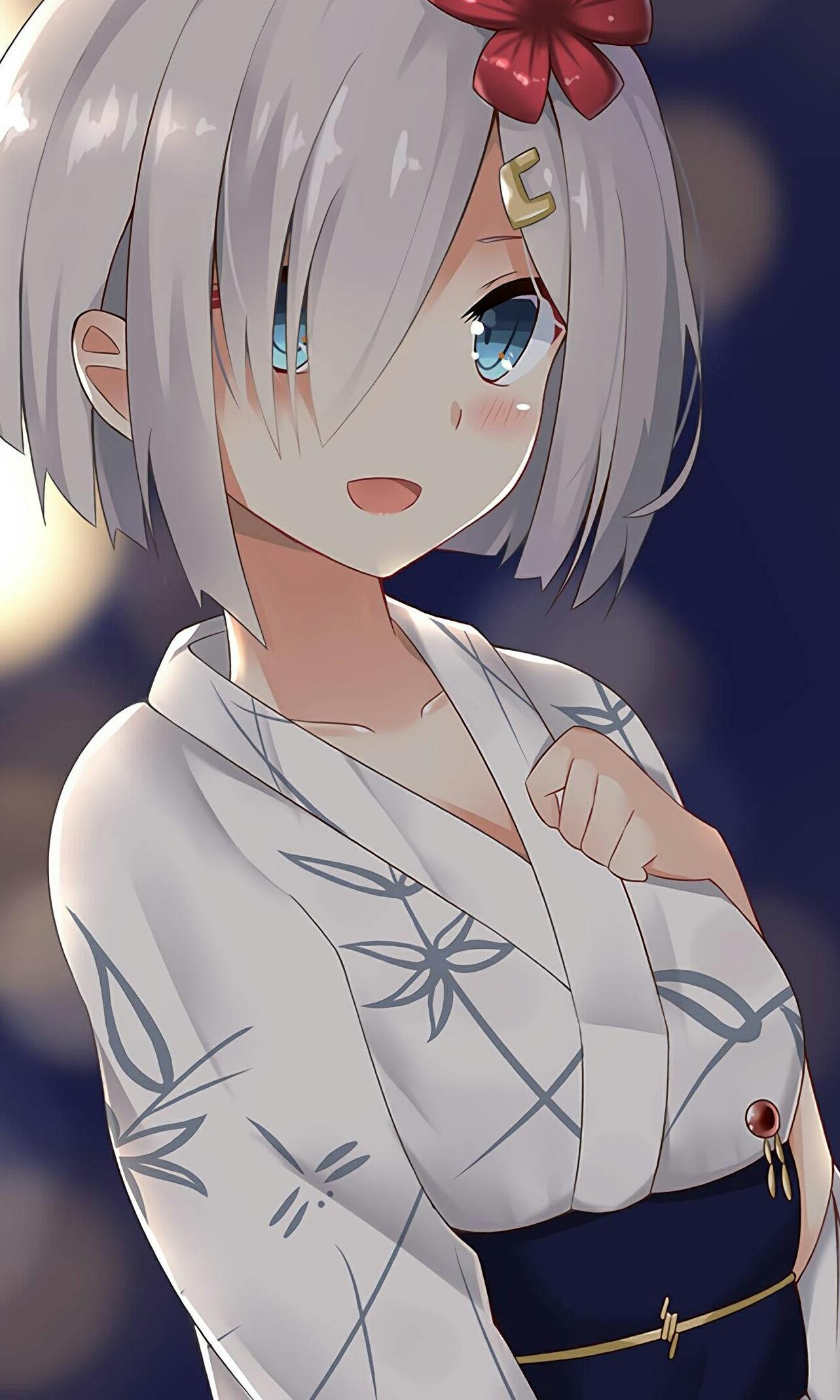 Anime Girl mặc Kimono tóc trắng ngắn