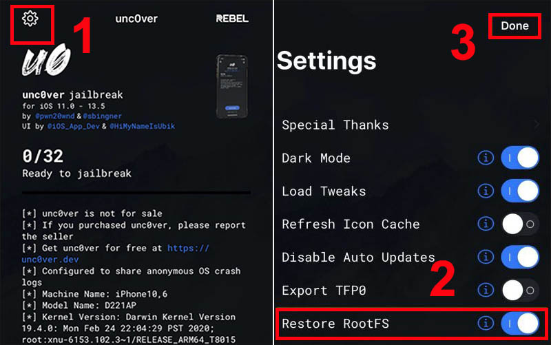 Bật tùy chọn Restore RootFS trong mục Cài đặt
