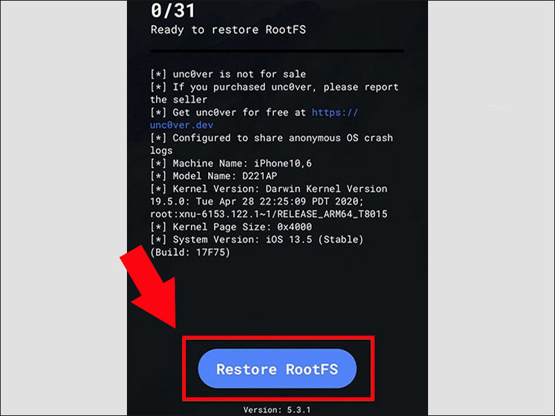 Nhấn vào nút Restore RootFS để khôi phục hệ thống tập tin gốc