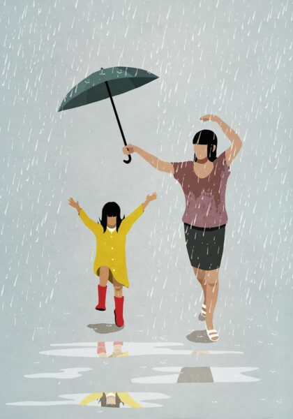 hình ảnh hoạt hình mẹ và con gái dưới mưa