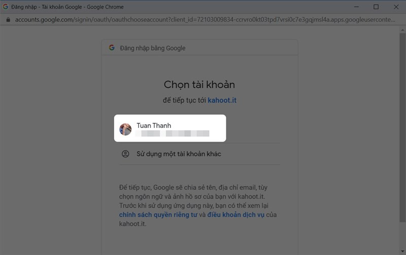 Chọn tài khoản Google để đăng nhập Kahoot