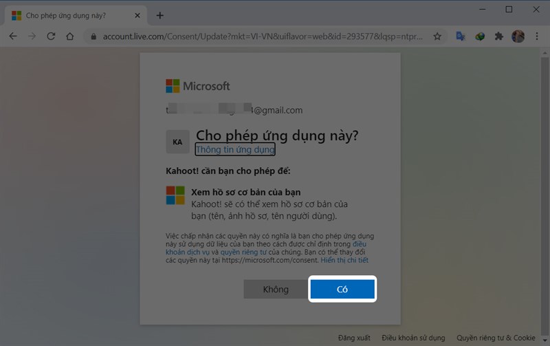 Cấp quyền truy cập tài khoản Microsoft cho trang web Kahoot