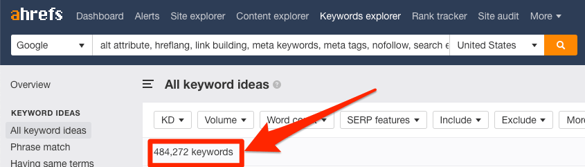 Số lượng từ khóa Ahrefs Keywords Explorer cung cấp