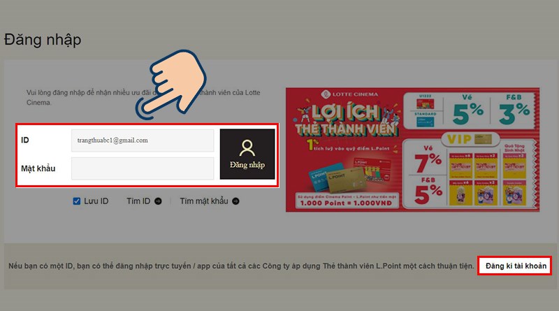Tại đây trang web sẽ yêu cầu bạn đăng nhập tài khoản Lotte Cinema.