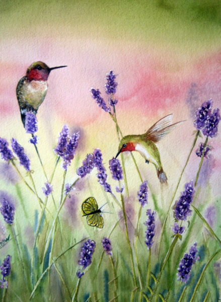 Tranh vẽ hoa Violet và những chú chim