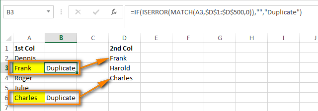 Compare two columns and find duplicates using Excel formulas