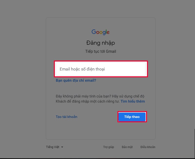 Nhập thông tin tài khoản Gmail cần bật/tắt Less secure apps