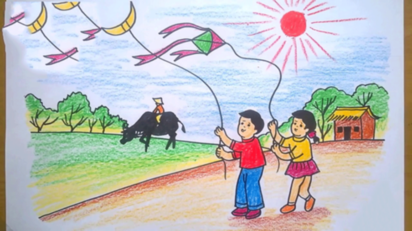 Vẽ tranh các em bé thả diều trên đường làng quê