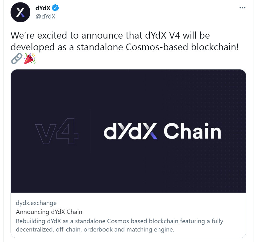 dYdX xay dung blockchain rieng dua tren nen tang Cosmos
