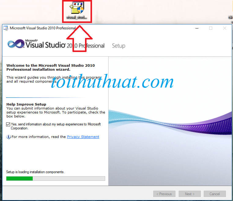 Giao diện cài đặt phần mềm visual studio 2010 Professional khi bạn chạy file .exe