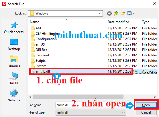 Sẽ hiện ra 1 tab như hình, bạn cần chọn chọn file "amtlib.dll" → Open.