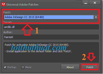 Tìm và chọn "Adobe Indesign cc 2015 (64bit)" → Patch.