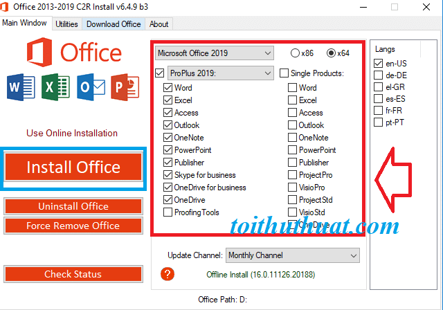 Chọn ứng dụng office bạn cần cài đặt rồi chọn Install Office