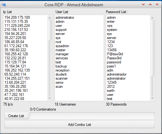Password list user list core RDP