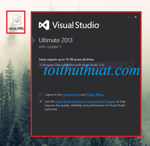 Sau khi kích hoạt vào file .exe, giao diện cài đặt visual studio 2013 update 5 sẽ hiện ra